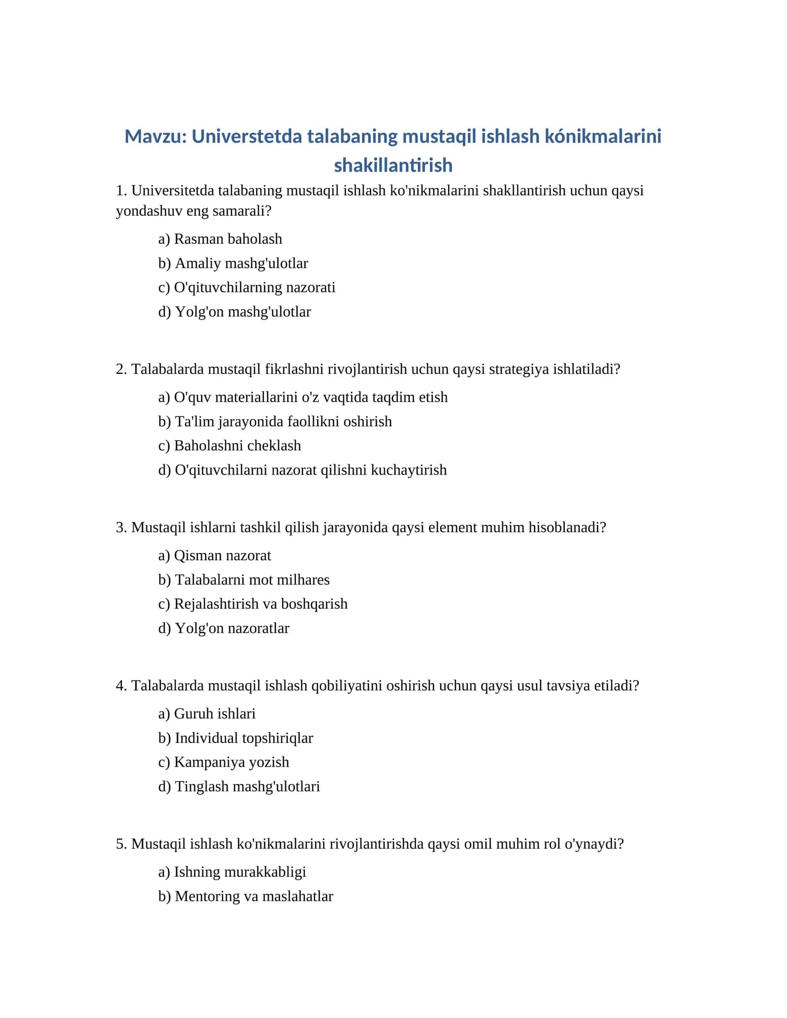 Mustaqil ishlash kónikmalarini shakillantirish
