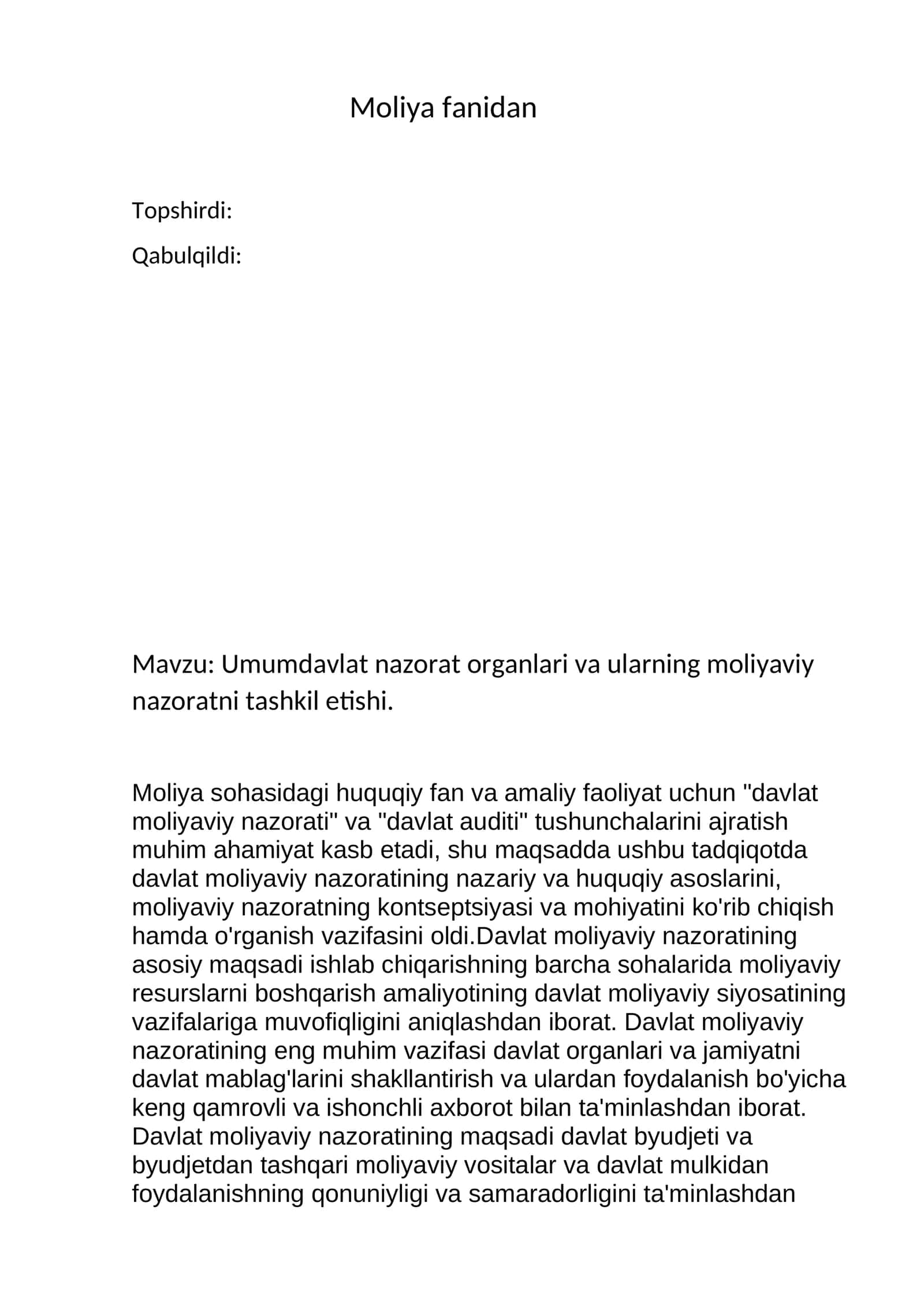 Umumdavlat nazorat organlari va ularning moliyaviy nazoratni tashkil etishi