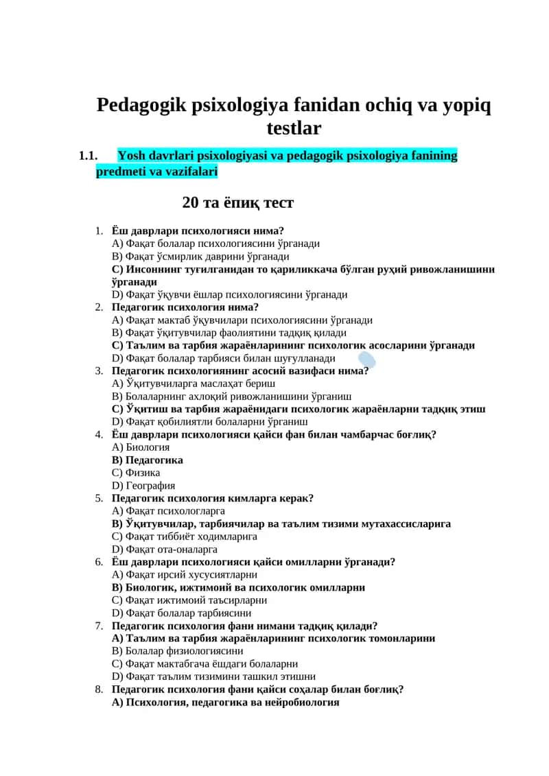 Yosh davrlari psixologiyasi va pedagogik psixologiya
