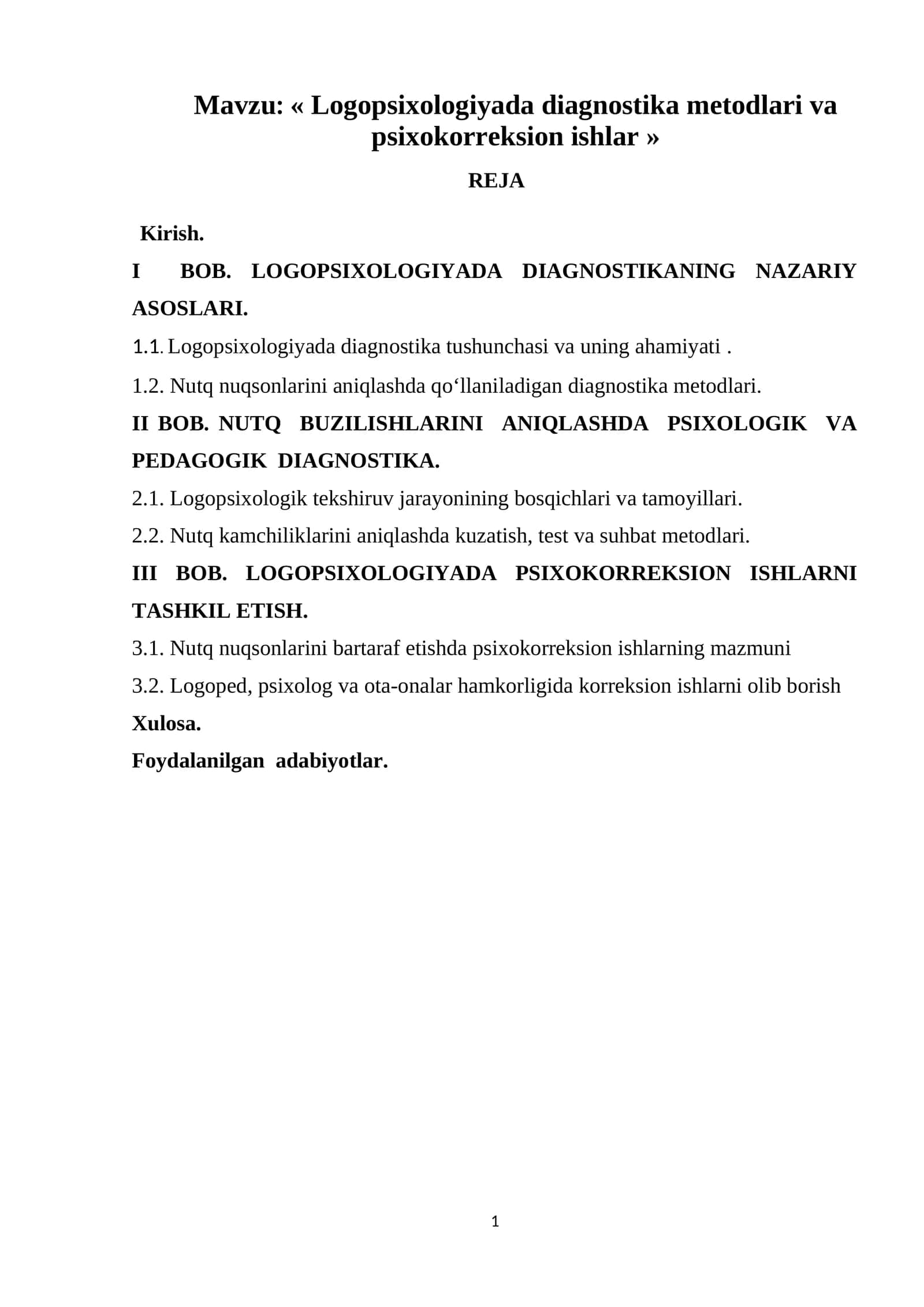Logopsixologiyada diagnostika metodlari va psixokorreksion ishlar »