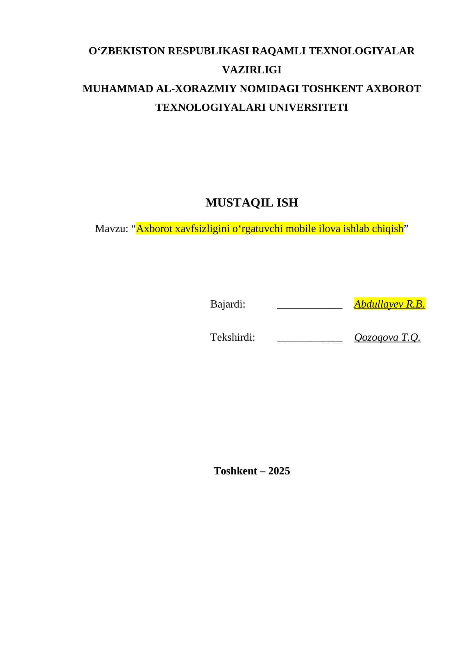 Axborot xavfsizligini o‘rgatuvchi mobile ilova ishlab chiqish