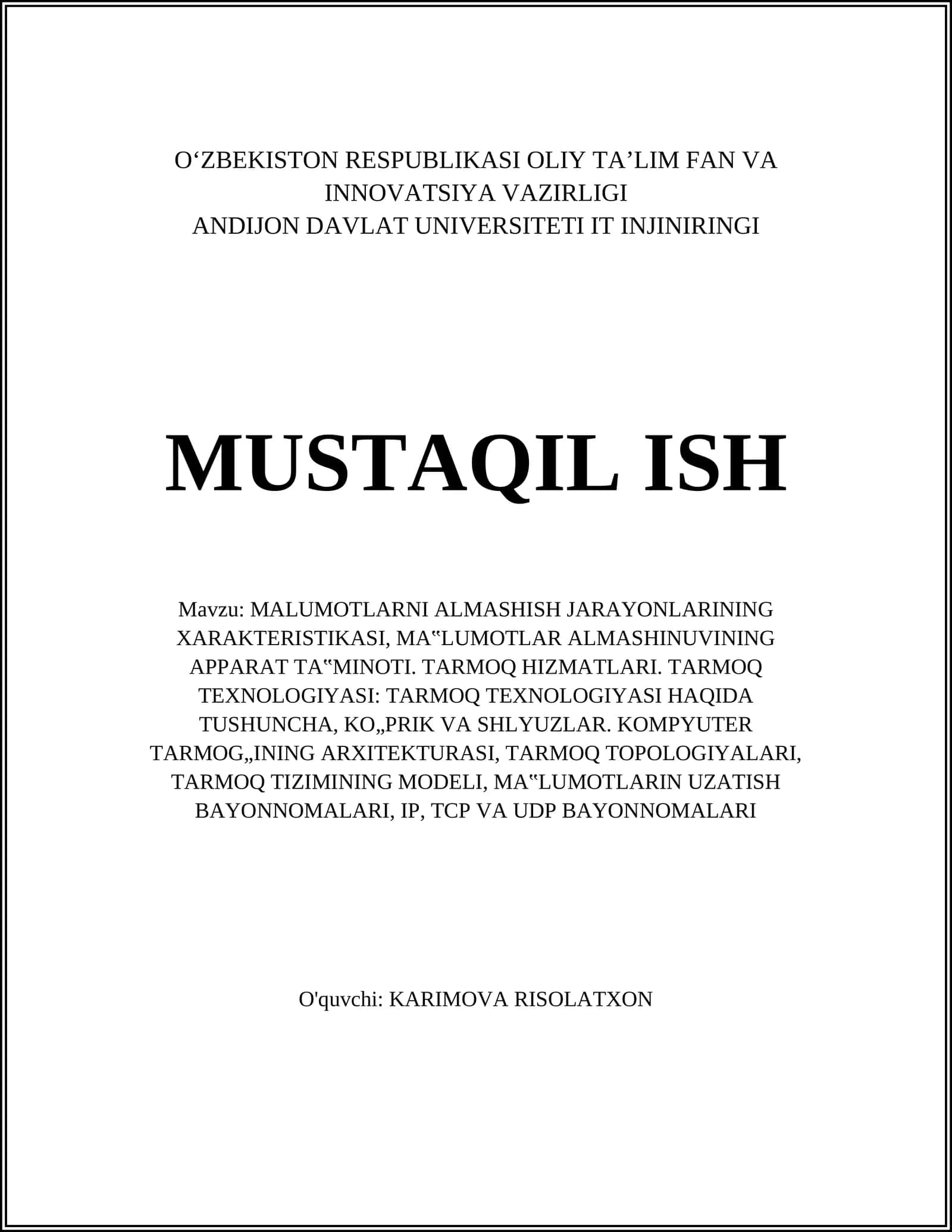 MALUMOTLARNI ALMASHISH JARAYONLARINING XARAKTERISTIKASI