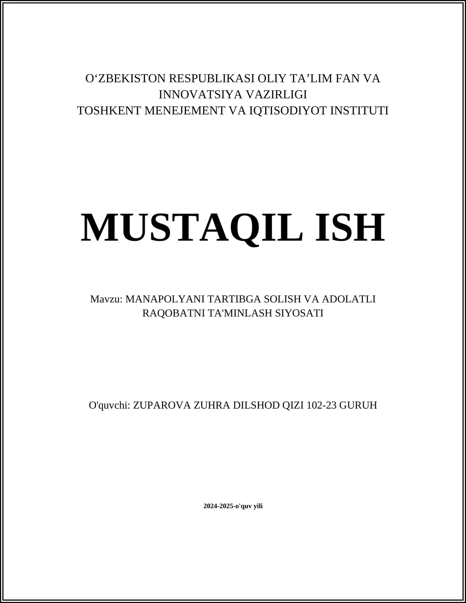 MANAPOLYANI TARTIBGA SOLISH VA ADOLATLI RAQOBATNI TA'MINLASH SIYOSATI