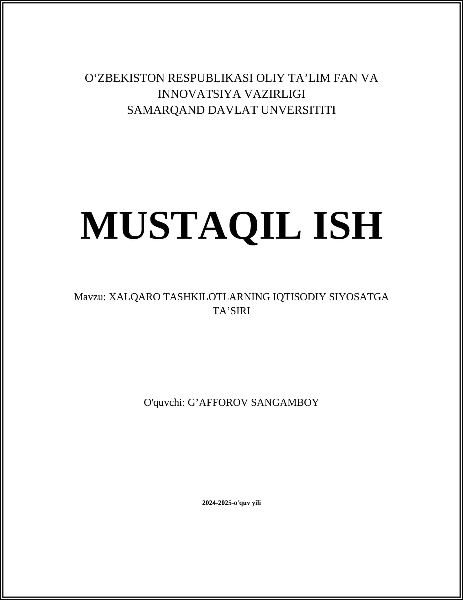 XALQARO TASHKILOTLARNING IQTISODIY SIYOSATGA TA'SIRI