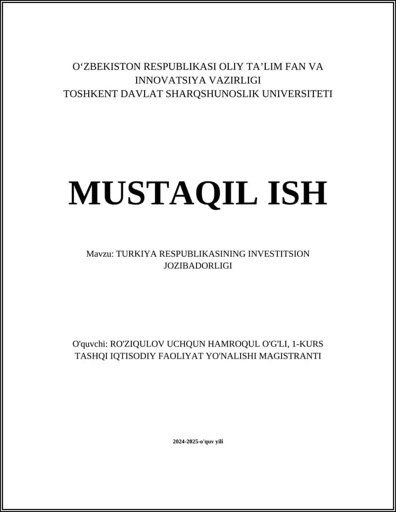 TURKIYA RESPUBLIKASINING INVESTITSION JOZIBADORLIGI