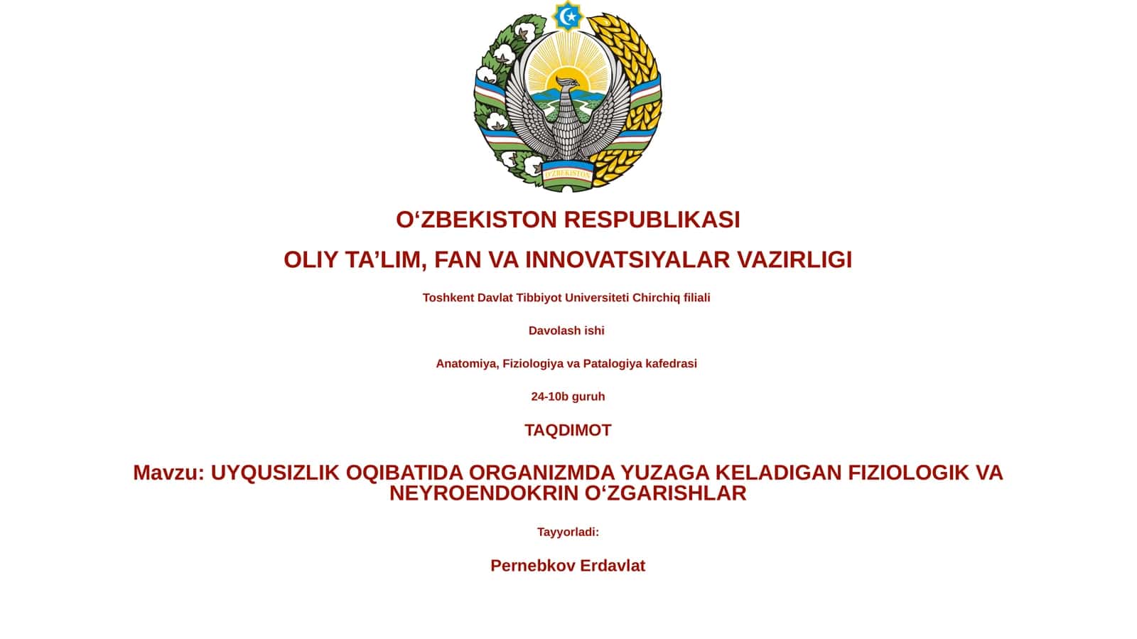 UYQUSIZLIK OQIBATIDA ORGANIZMDA YUZAGA KELADIGAN FIZIOLOGIK VA NEYROENDOKRIN O‘ZGARISHLAR
