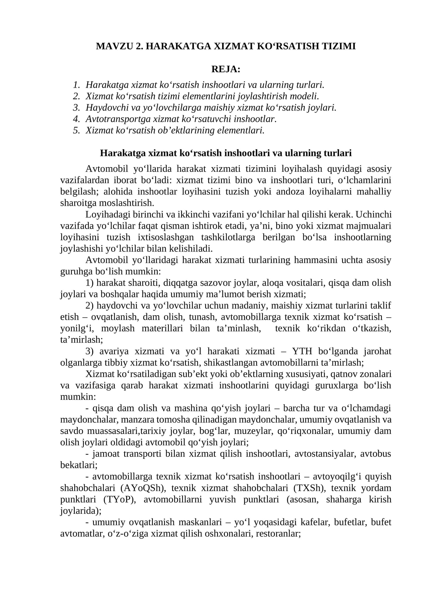 HARAKATGA XIZMAT KO‘RSATISH TIZIMI