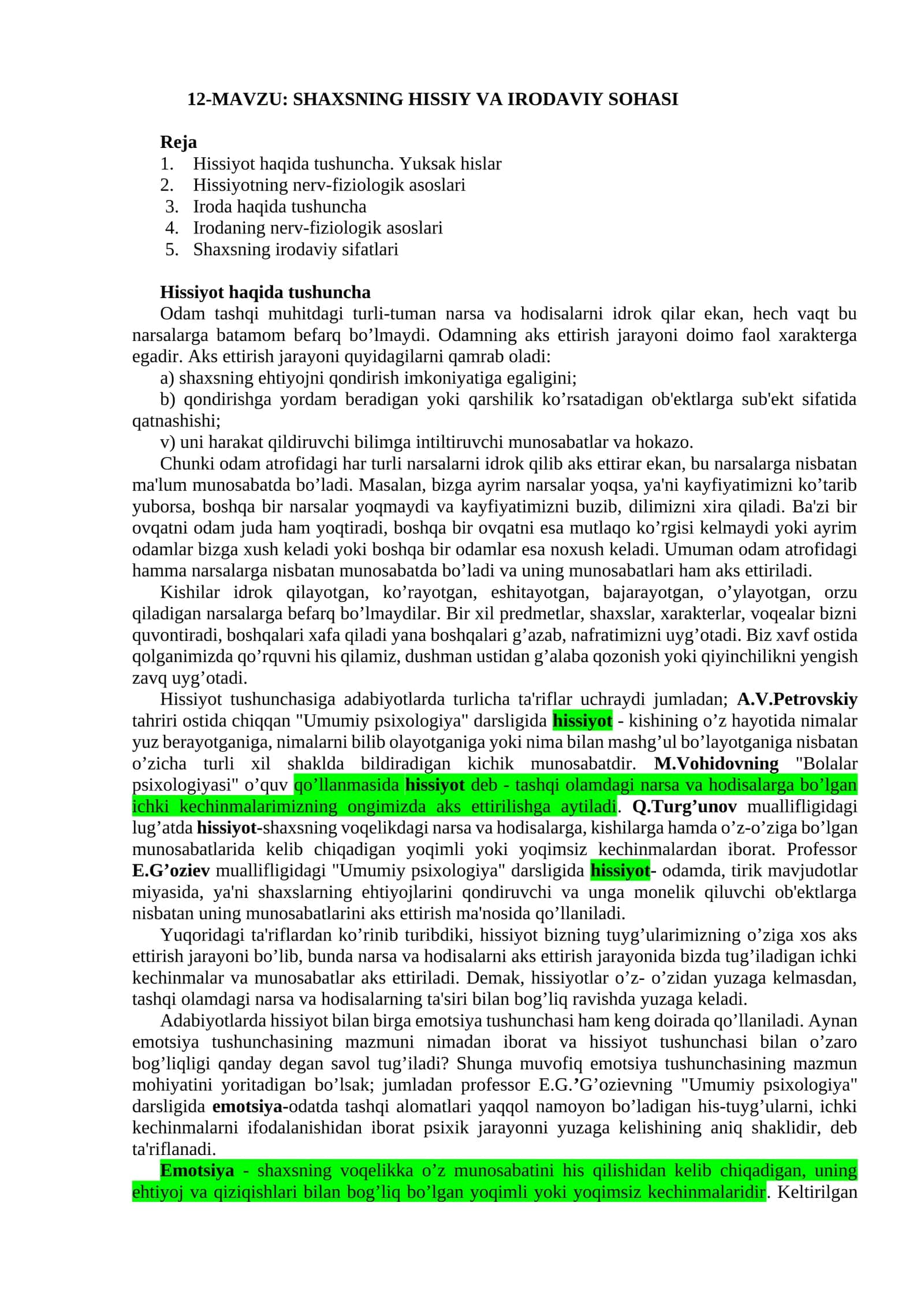 SHAXSNING HISSIY VA IRODAVIY SOHASI