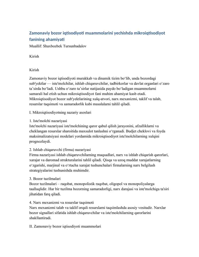 Zamonaviy bozor iqtisodiyoti muammolarini yechishda mikroiqtisodiyot fanining ahamiyati
