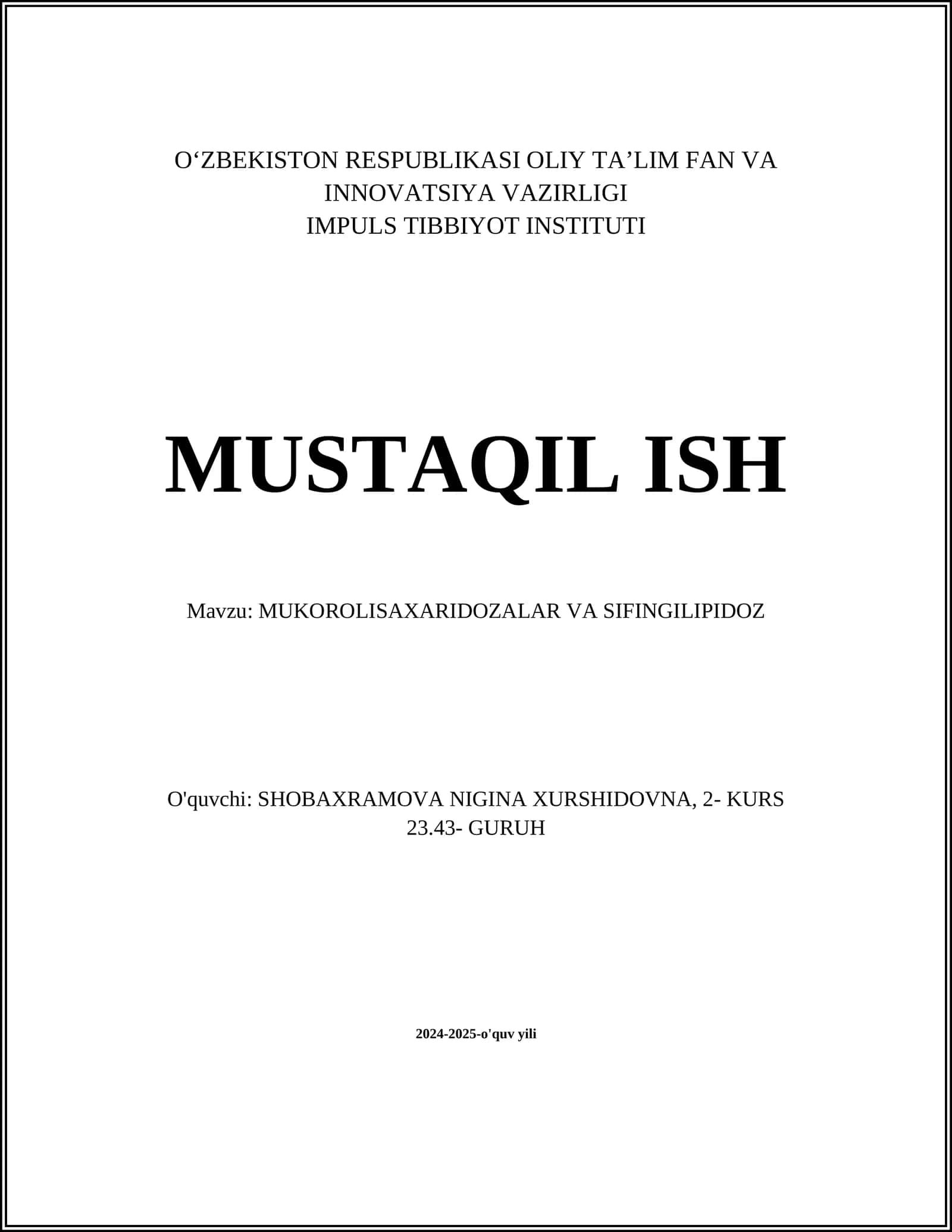 IMPULS TIBBIYOT INSTITUTI MUSTAQIL ISH