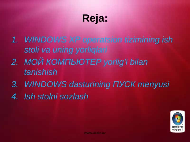 WINDOWS XP operatsion tizimining ish stoli va uning yorliqlari