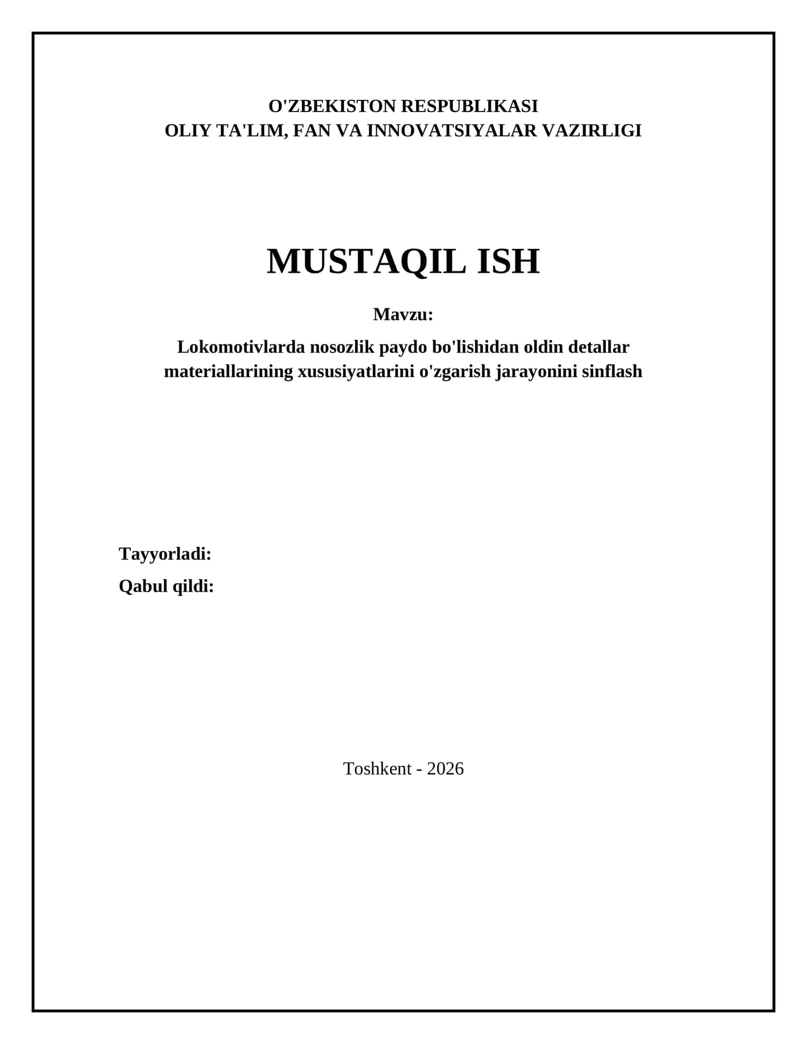 Lokomotivlarda nosozlik paydo bo'lishidan oldin detallar materiallarining xususiyatlarini o'zgarish jarayonini sinflash