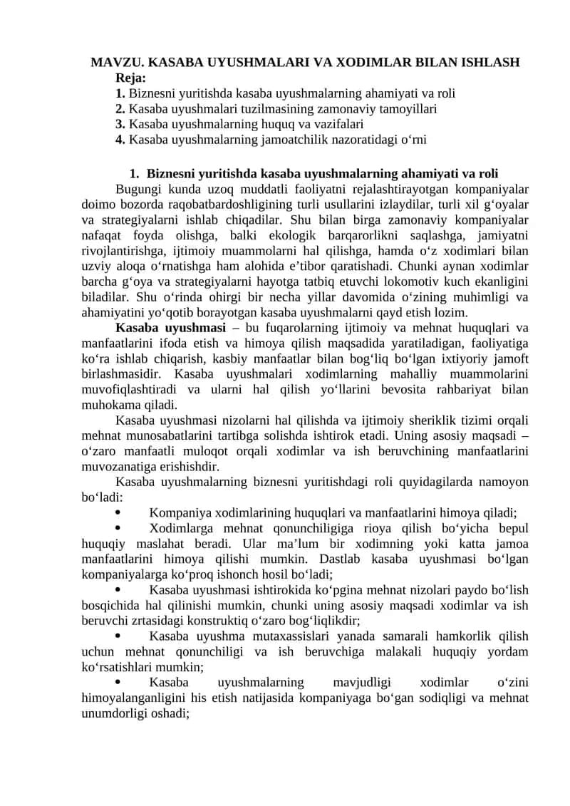Kasaba Uyushmalari va Xodimlar Bilan Ishlash