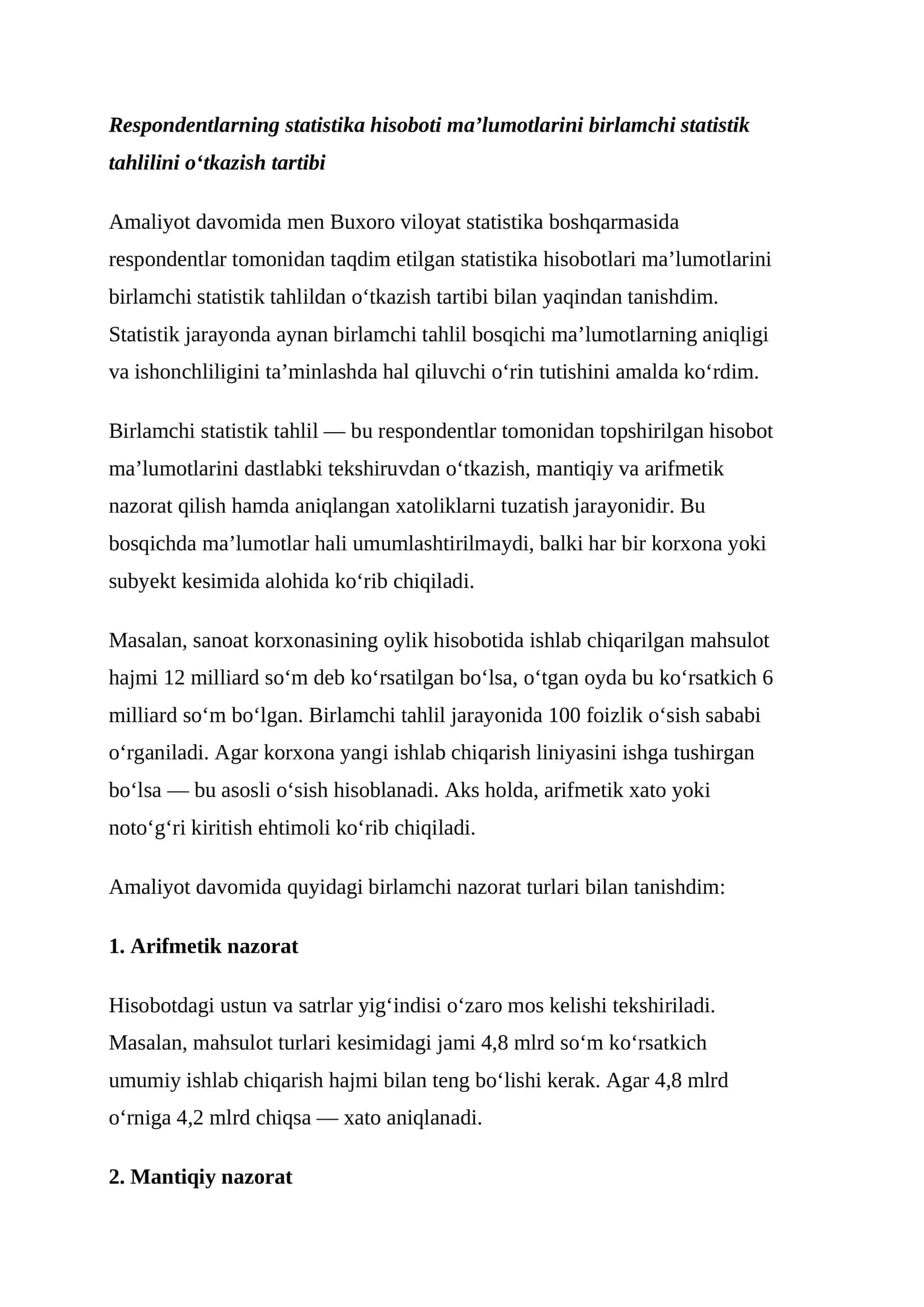 Respondentlarning statistika hisoboti ma’lumotlarini birlamchi statistik tahlilini o‘tkazish tartibi