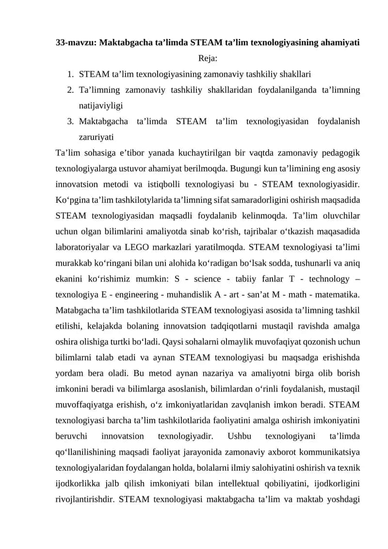 Maktabgacha ta’limda STEAM ta’lim texnologiyasining ahamiyati