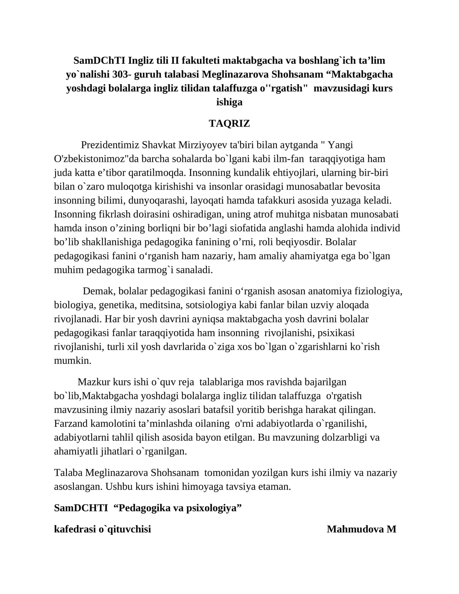 Maktabgacha yoshdagi bolalarga ingliz tilidan talaffuzga o'rgatish
