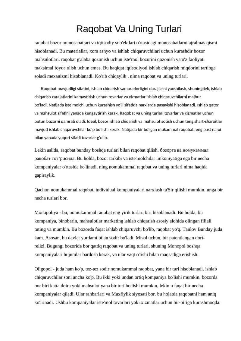 Raqobat Va Uning Turlari