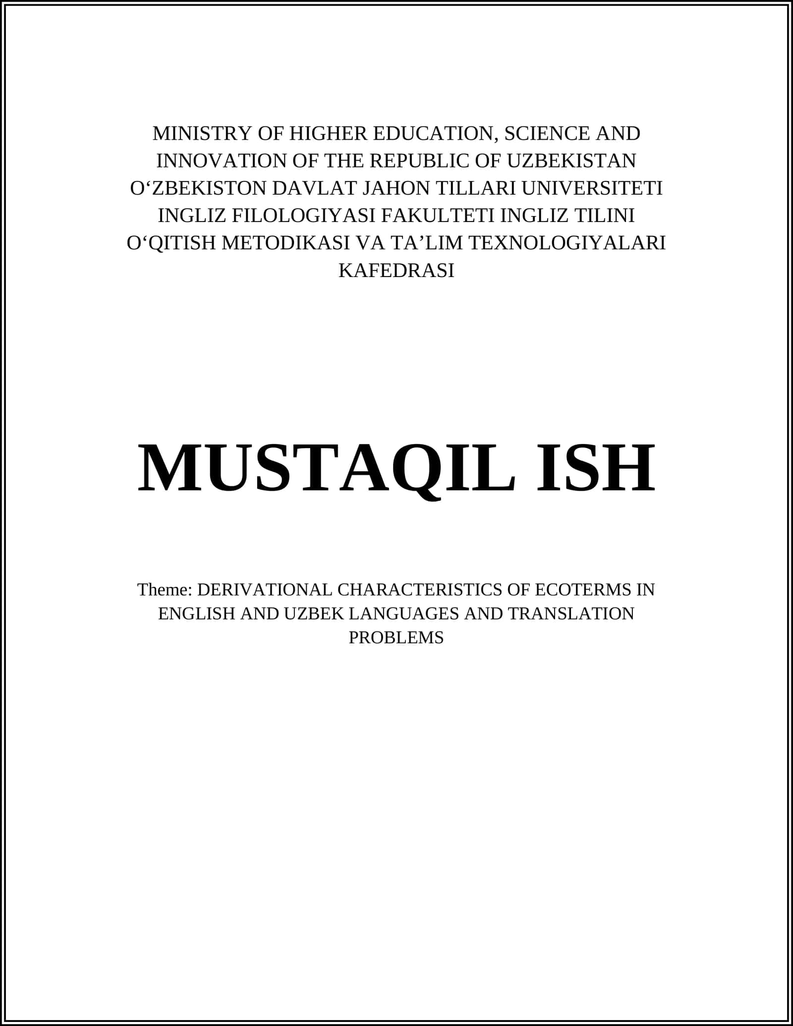 DERIVATIONAL CHARACTERISTICS OF ECOTERMS IN ENGLISH AND UZBEK LANGUAGES AND TRANSLATION PROBLEMS