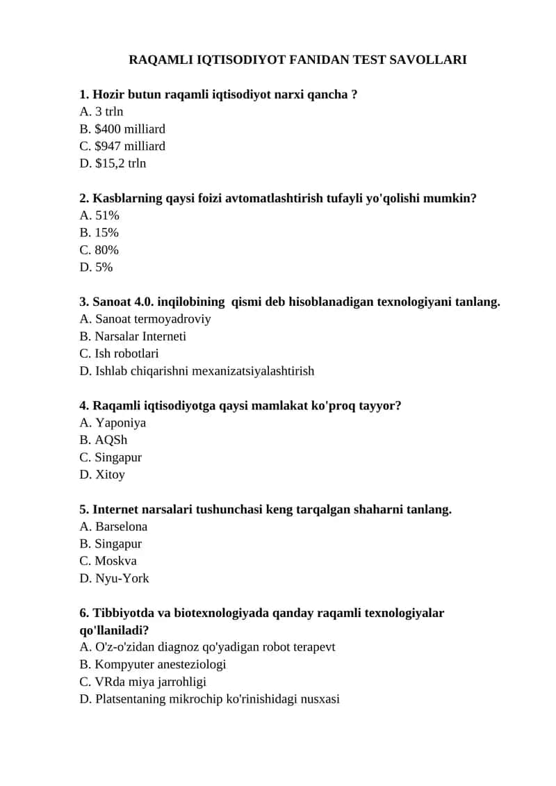 RAQAMLI IQTISODIYOT FANIDAN TEST SAVOLLARI