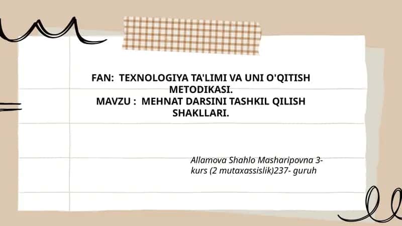 MEHNAT DARSINI TASHKIL QILISH SHAKLLARI