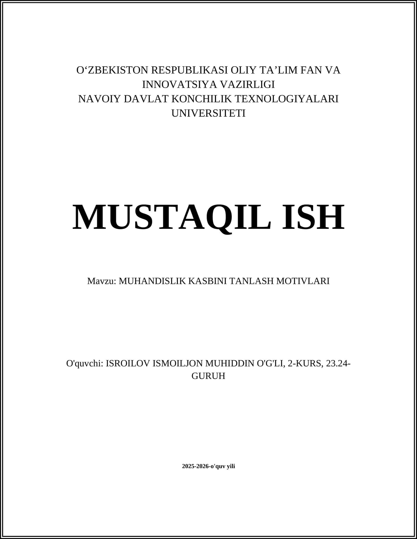 MUHANDISLIK KASBINI TANLASH MOTIVLARI