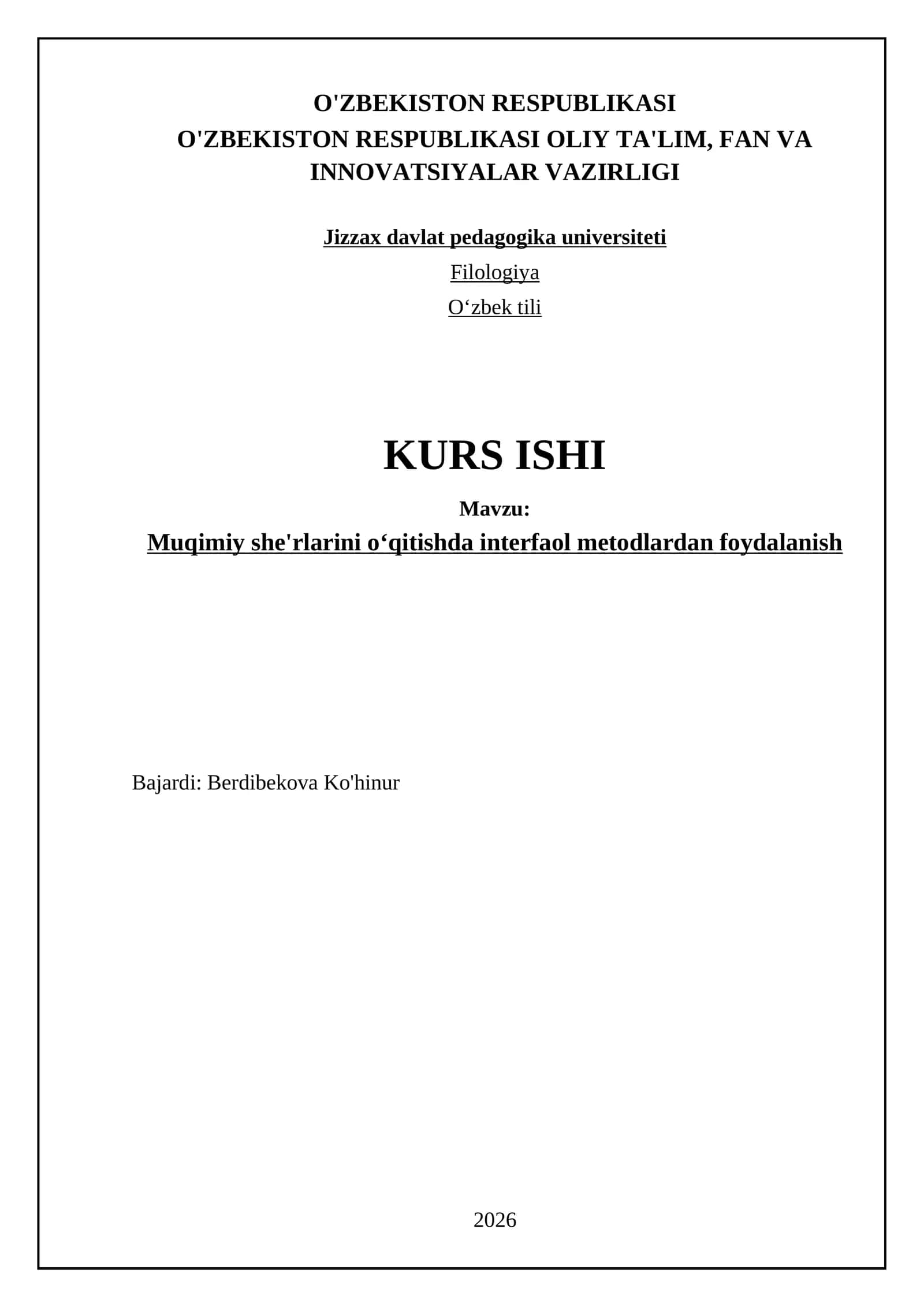 Muqimiy she'rlarini oʻqitishda interfaol metodlardan foydalanish