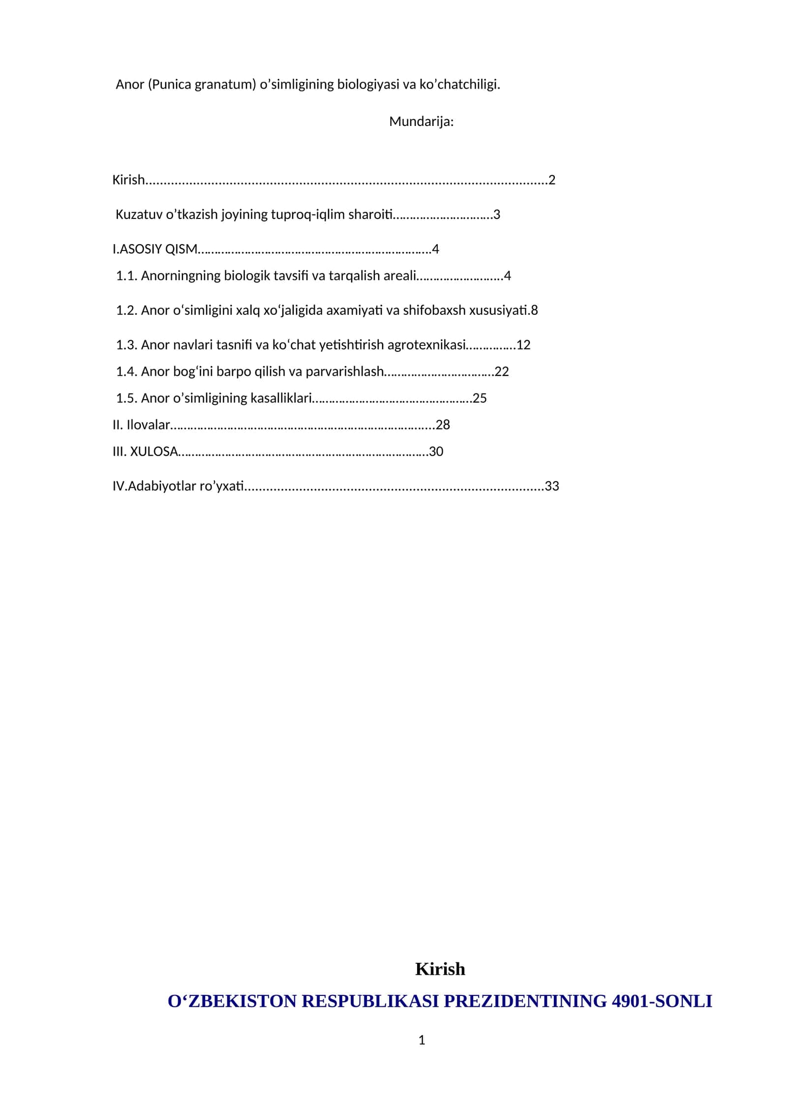 Anor (Punica granatum) o’simligining biologiyasi va ko’chatchiligi