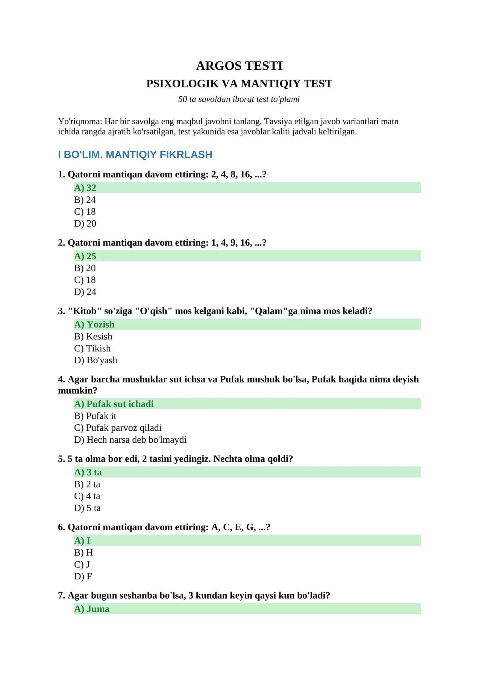 ARGOS test to'plami — Psixologik va Mantiqiy test (50 savol, javoblari bilan)