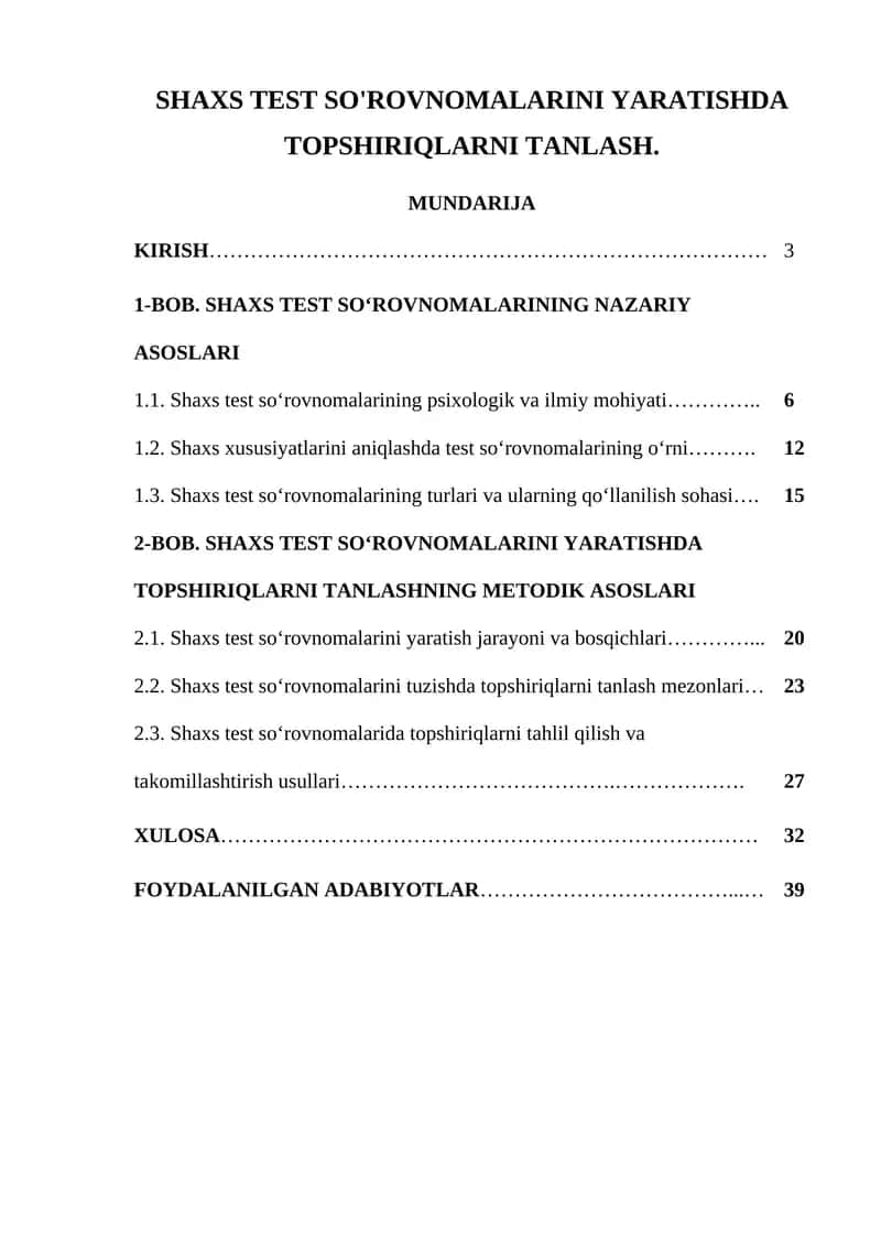 SHAXS TEST SO'ROVNOMALARINI YARATISHDA TOPSHIRIQLARNI TANLASH