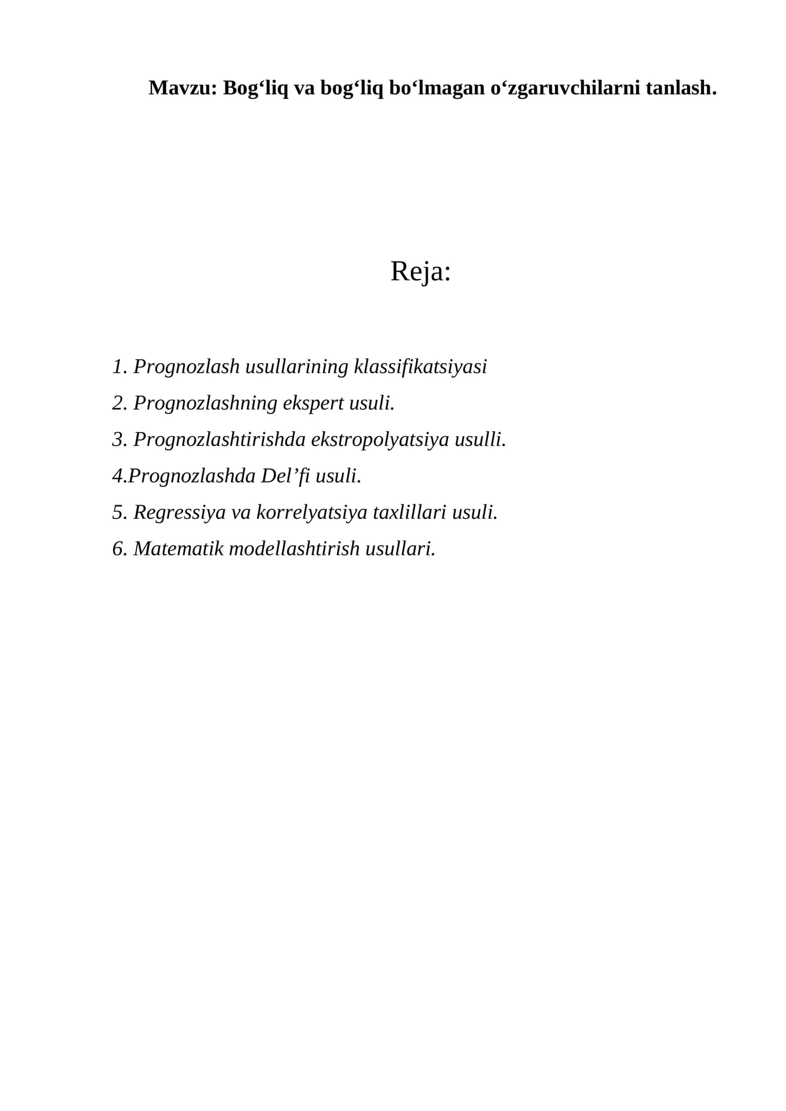 Prognozlash usullarining klassifikatsiyasi