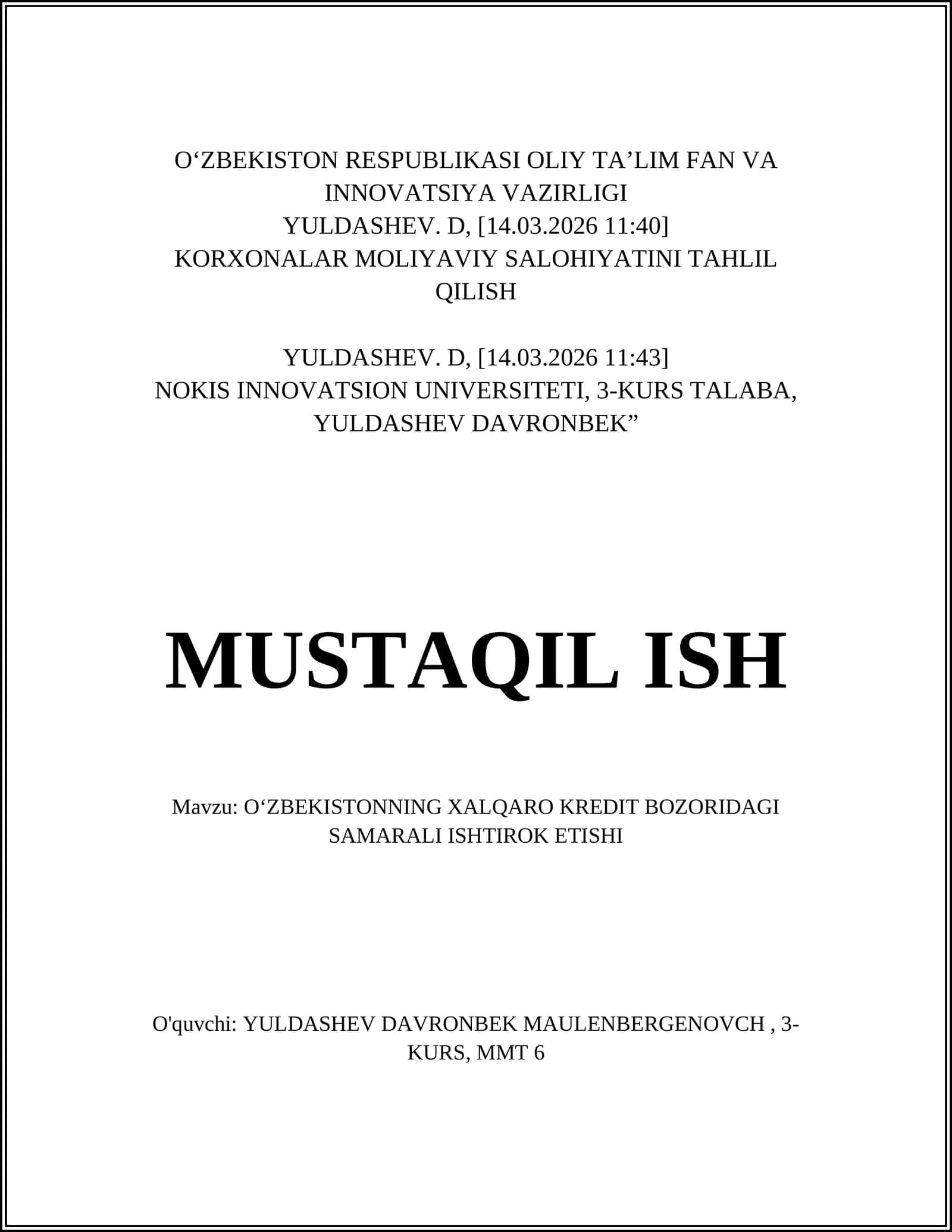 O‘ZBEKISTONNING XALQARO KREDIT BOZORIDAGI SAMARALI ISHTIROK ETISHI