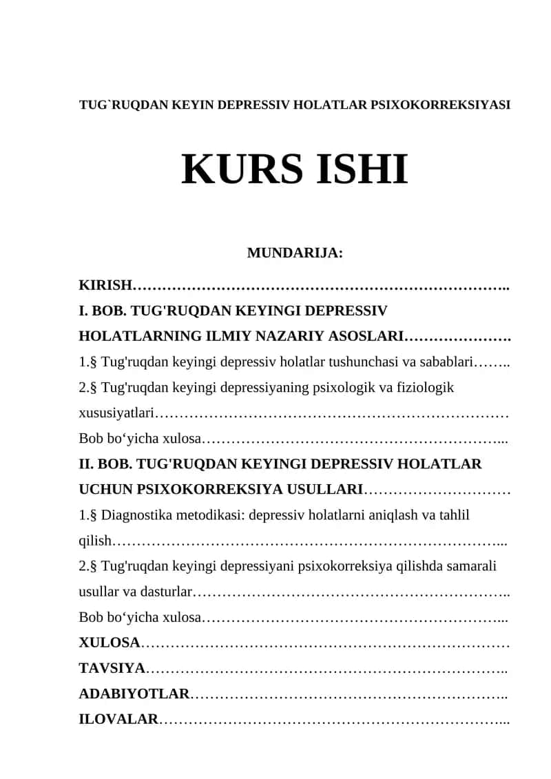 TUG`RUQDAN KEYIN DEPRESSIV HOLATLAR PSIXOKORREKSIYASI