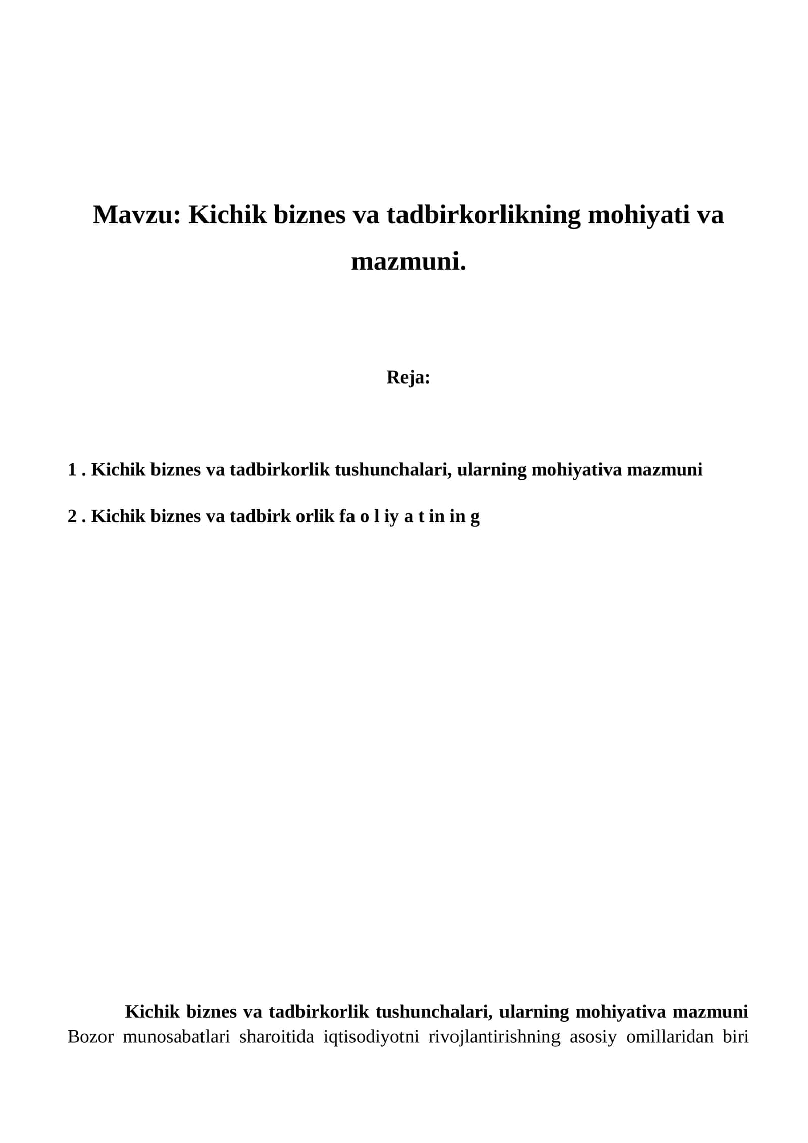 Kichik biznes va tadbirkorlikning mohiyati va mazmuni