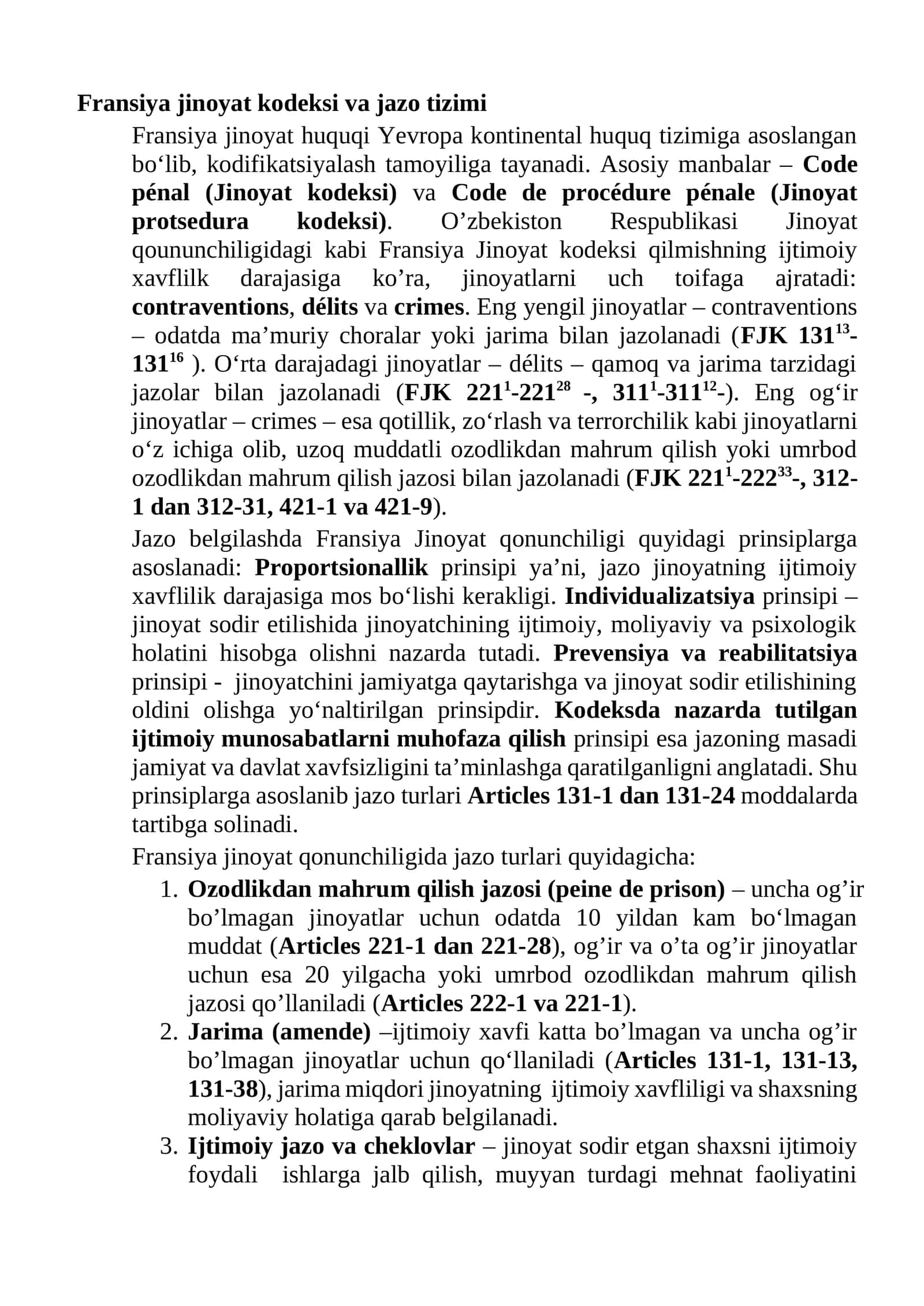 Fransiya jinoyat kodeksi va jazo tizimi