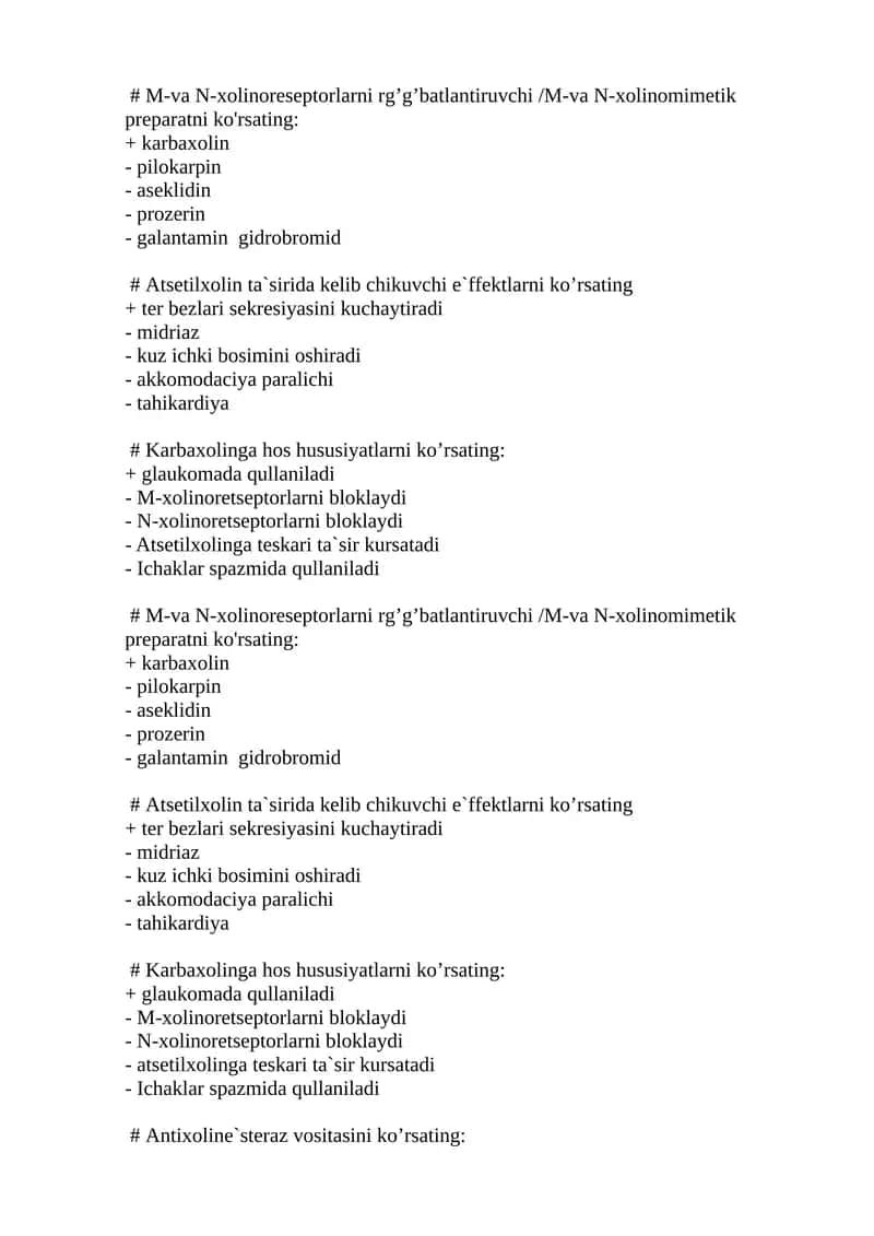 M-va N-xolinoreseptorlarni rg’g’batlantiruvchi /M-va N-xolinomimetik preparat