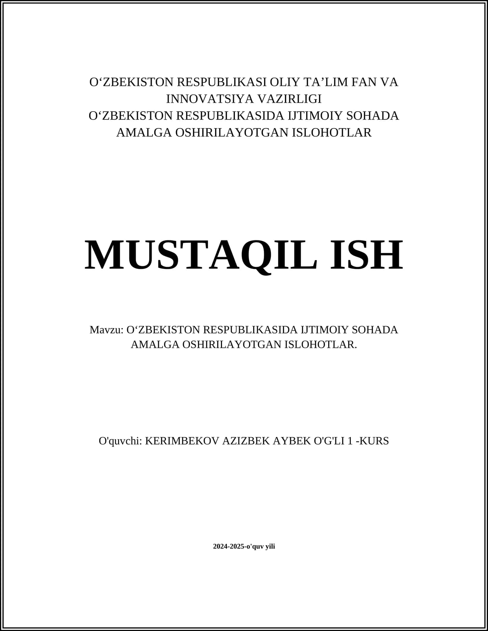 OʻZBEKISTON RESPUBLIKASIDA IJTIMOIY SOHADA AMALGA OSHIRILAYOTGAN ISLOHOTLAR