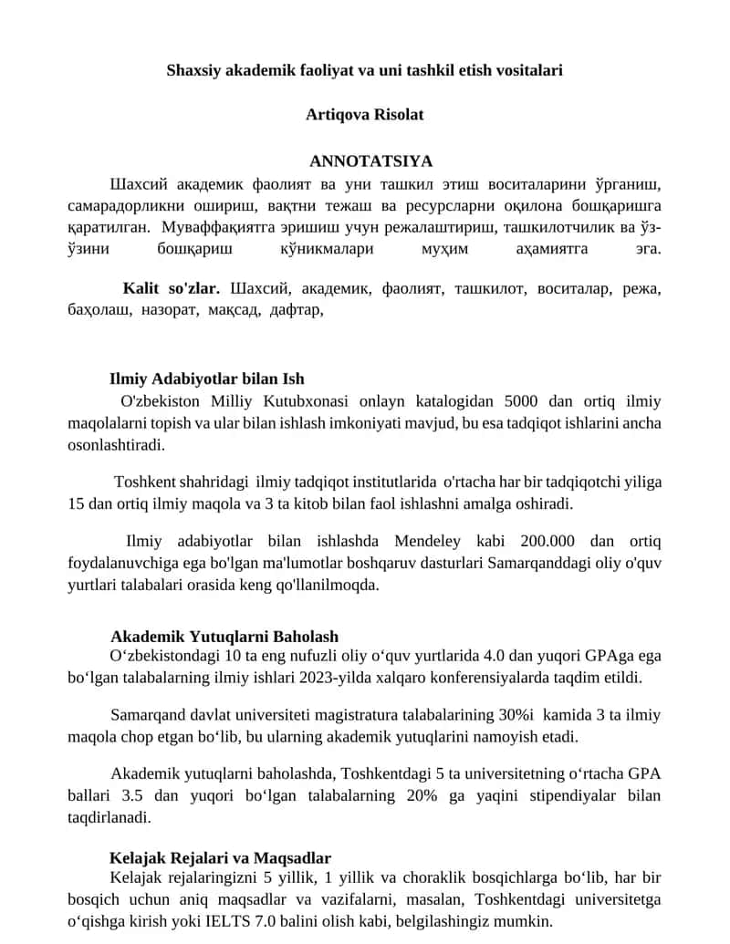 Shaxsiy akademik faoliyat va uni tashkil etish vositalari