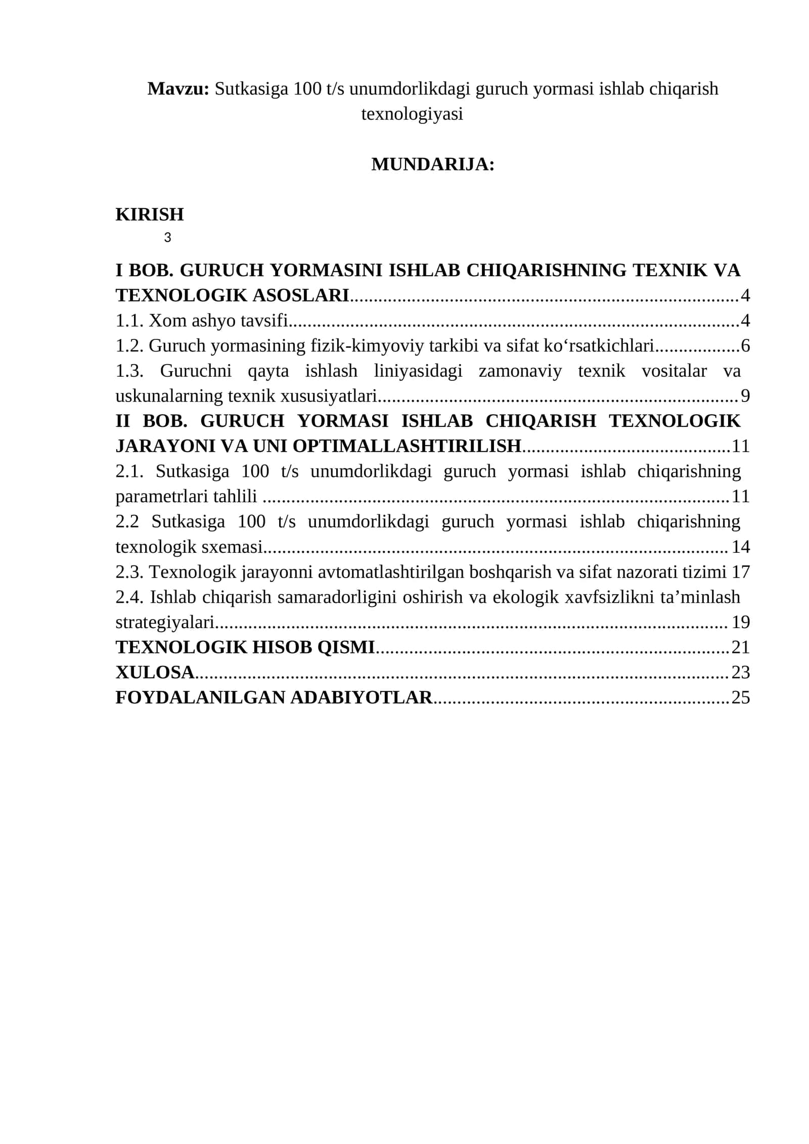 Sutkasiga 100 t/s unumdorlikdagi guruch yormasi ishlab chiqarish texnologiyasi