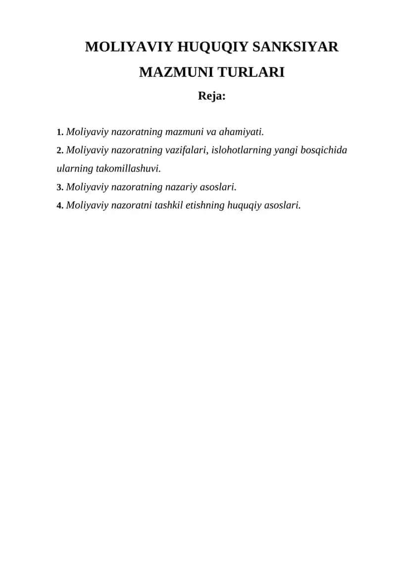 Moliyaviy Huquqiy Sanktsiyar Mazmuni Turlari