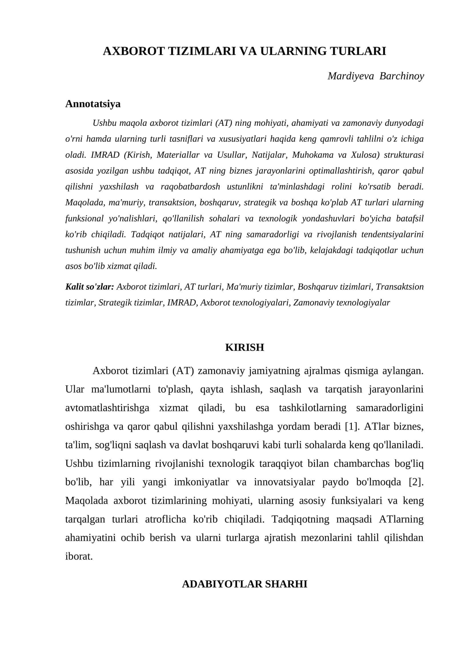 AXBOROT TIZIMLARI VA ULARNING TURLARI