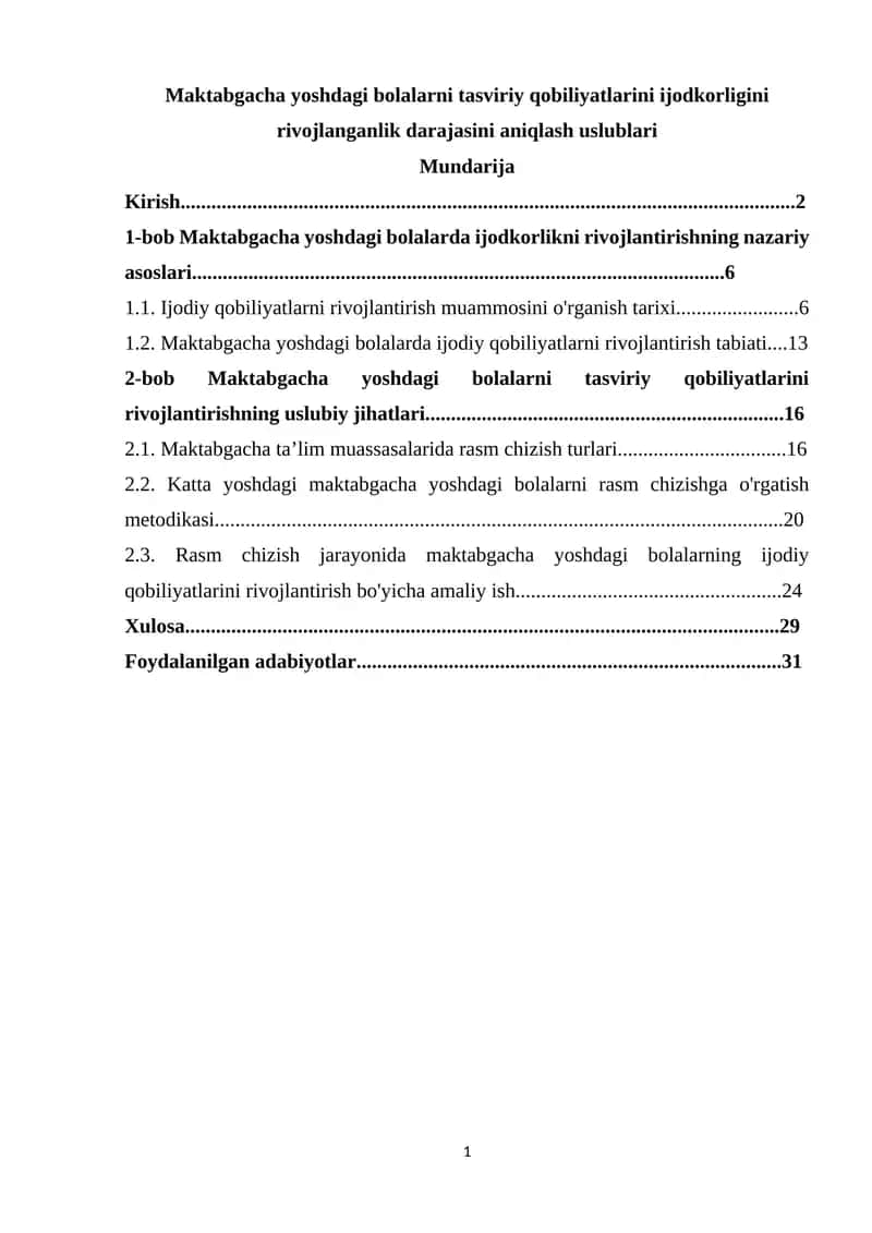 Maktabgacha yoshdagi bolalarni tasviriy qobiliyatlarini rivojlanganlik darajasini aniqlash uslublari