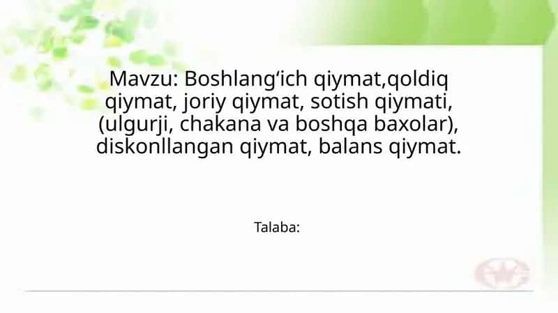 Asbob-uskunalarning boshlang‘ich qiymati