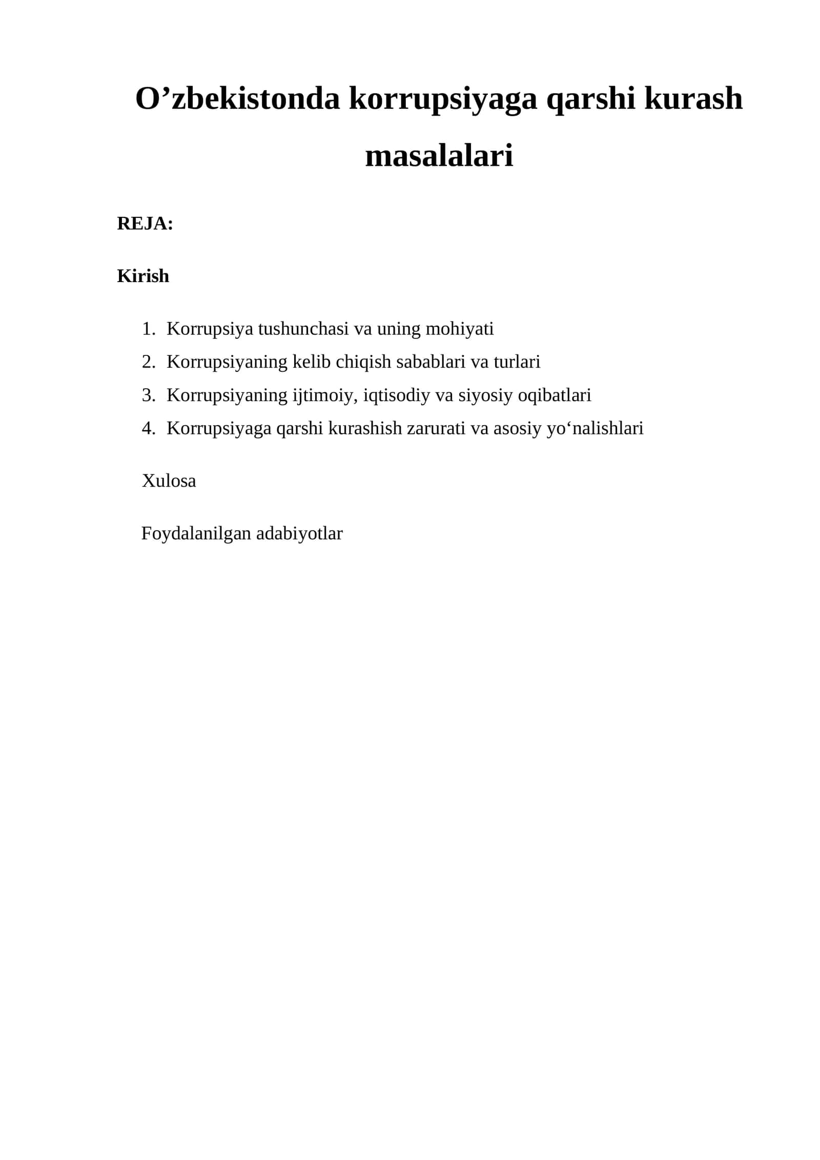 Korrupsiyaga qarshi kurash masalalari