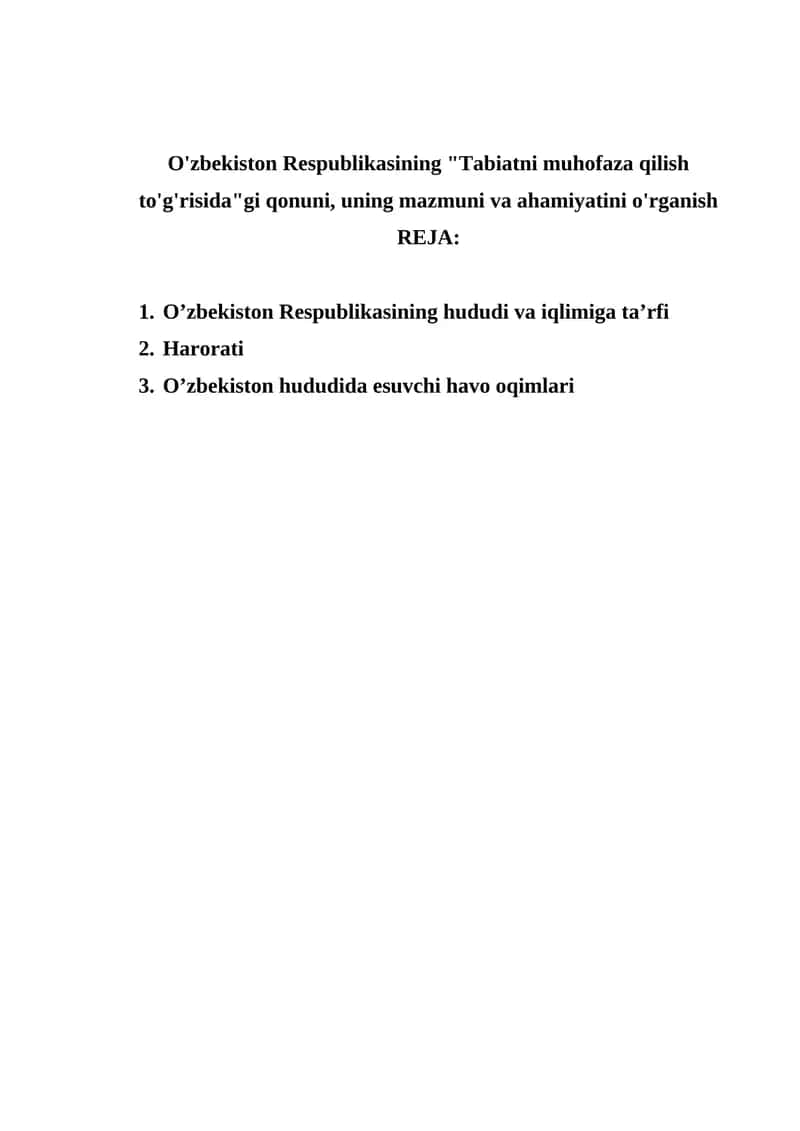 O‘zbekiston Respublikasining Tabiatni muhofaza qilish to'g'risida qonuni