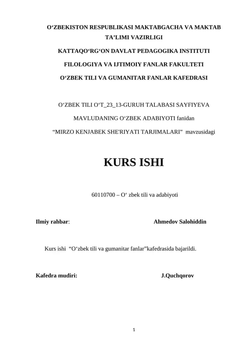 "MIRZO KENJABEK SHE'RIYATI TARJIMALARI" KURS ISHI
