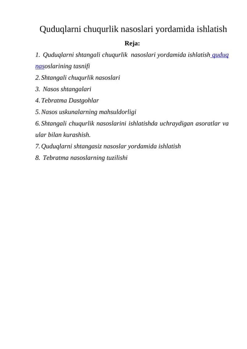 Quduqlarni chuqurlik nasoslari yordamida ishlatish