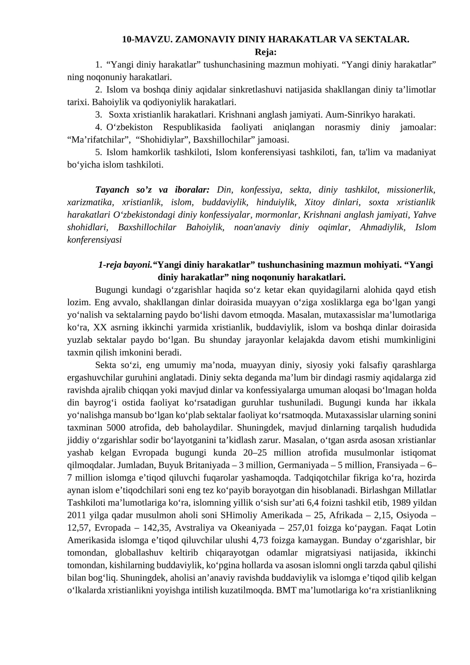 ZAMONAVIY DINIY HARAKATLAR VA SEKTALAR