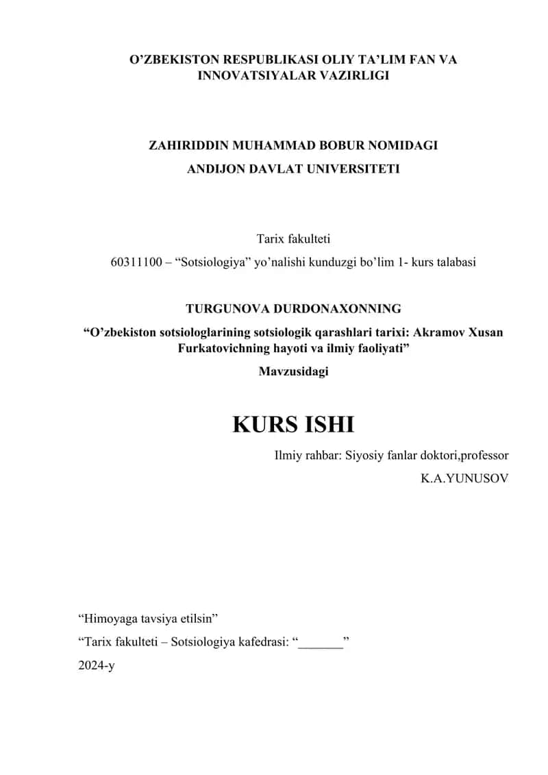 Sotsiologiya fani bo'yicha kurs ishi