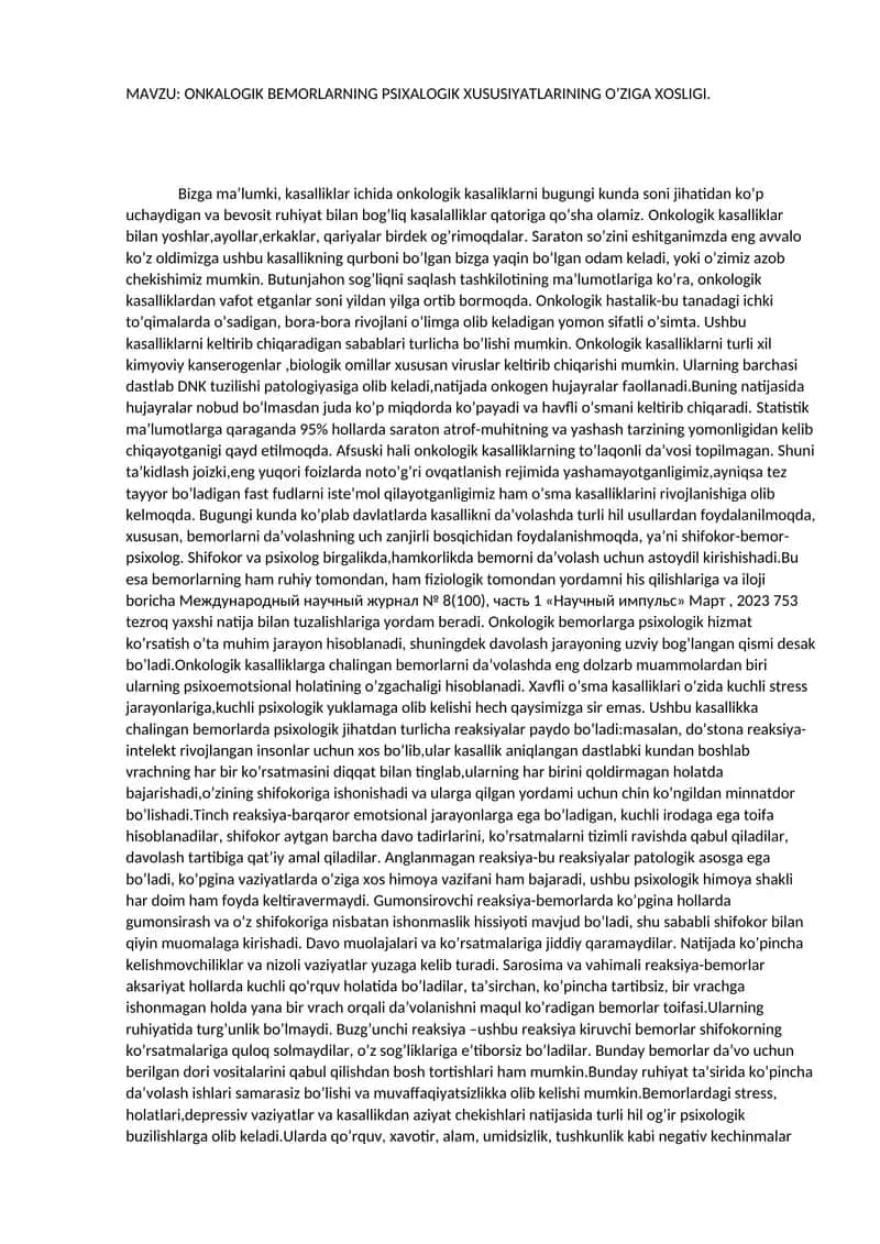 Onkologik Bemorlarning Psixologik Xususiyatlari
