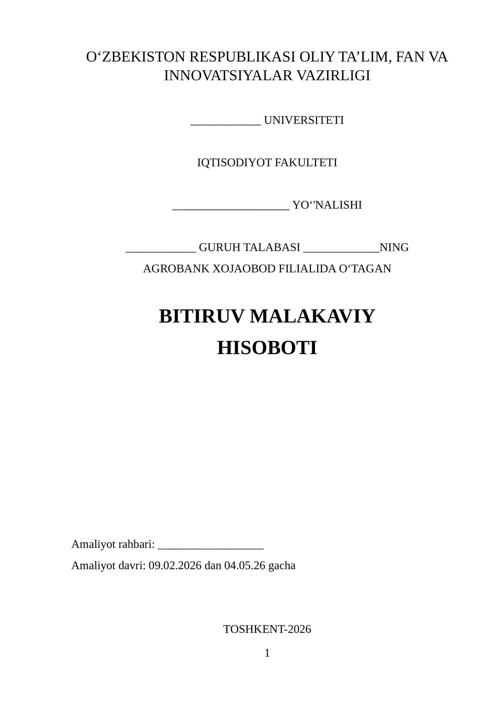 Agro bank(chakana xizmatlar boʻlimi) BITIRUV MALAKAVIY HISOBOTI
